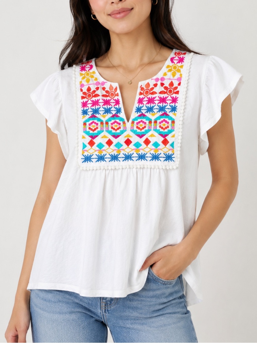 THML White Embroidered Flutter Sleeve Cotton Top Coastal Boho Global Size S